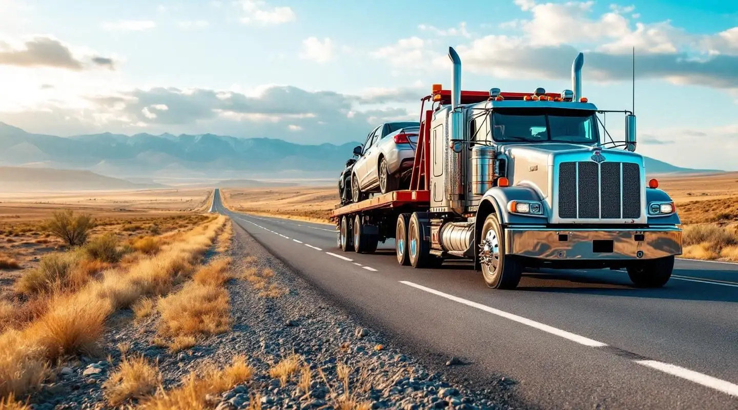 A flatbed tow truck transporting a passenger car on the highway, representing long distance towing in Fort Worth.
