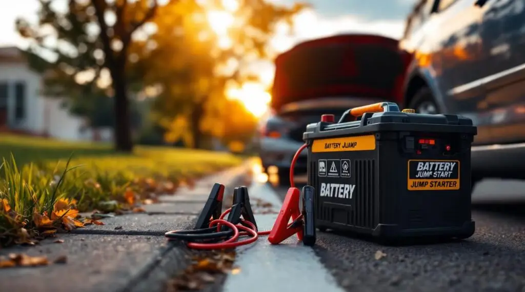 Professional tow operator connecting heavy-duty jumper cables to a dead car battery on a Euless roadside at dusk.