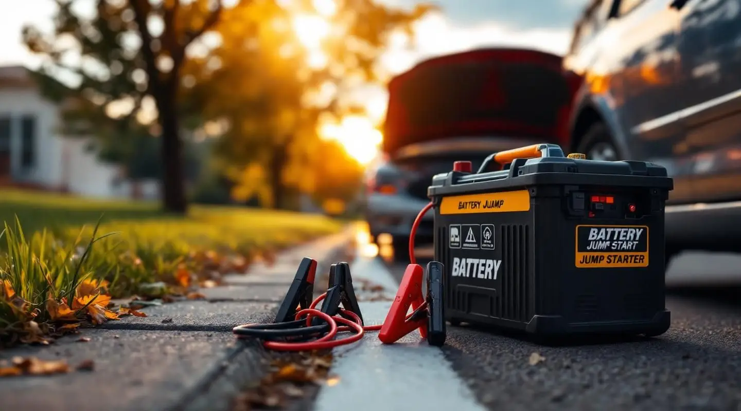 Professional tow operator connecting heavy-duty jumper cables to a dead car battery on a Fort Worth roadside at dusk.
