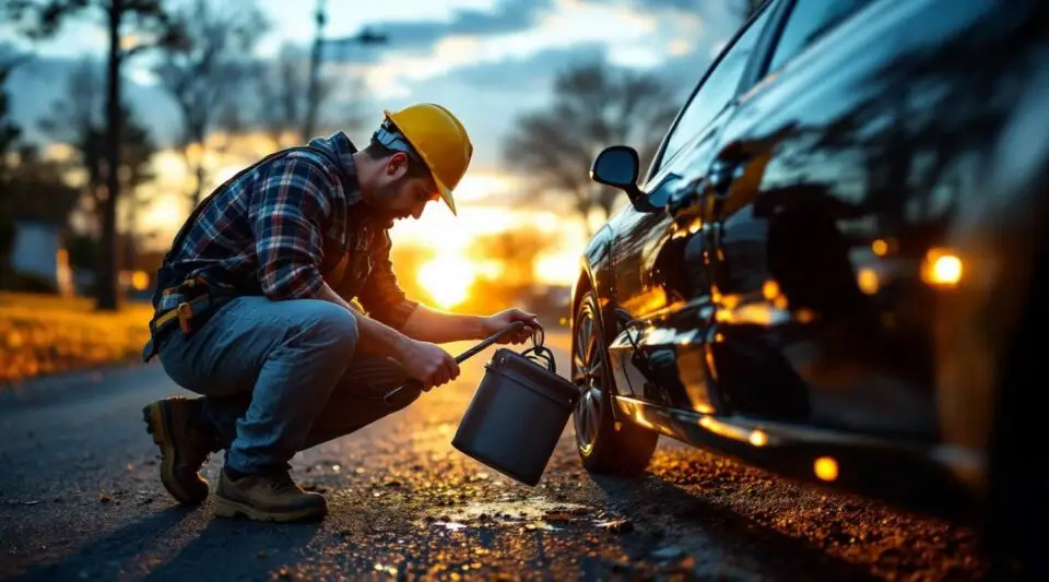 A professional tow operator safely using specialized lockout tools to unlock a stranded vehicle in Fort Worth.
