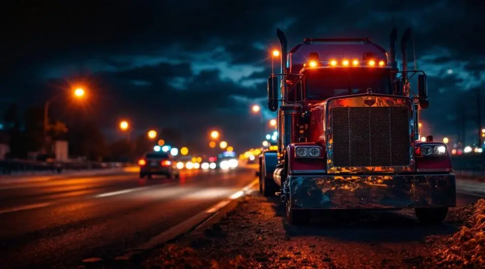 A flatbed tow truck loading a stranded sedan at night on a wet Fort Worth highway, cinematic amber lighting.