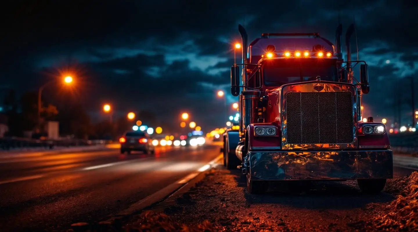 A flatbed tow truck loading a stranded sedan at night on a wet Fort Worth highway, cinematic amber lighting.