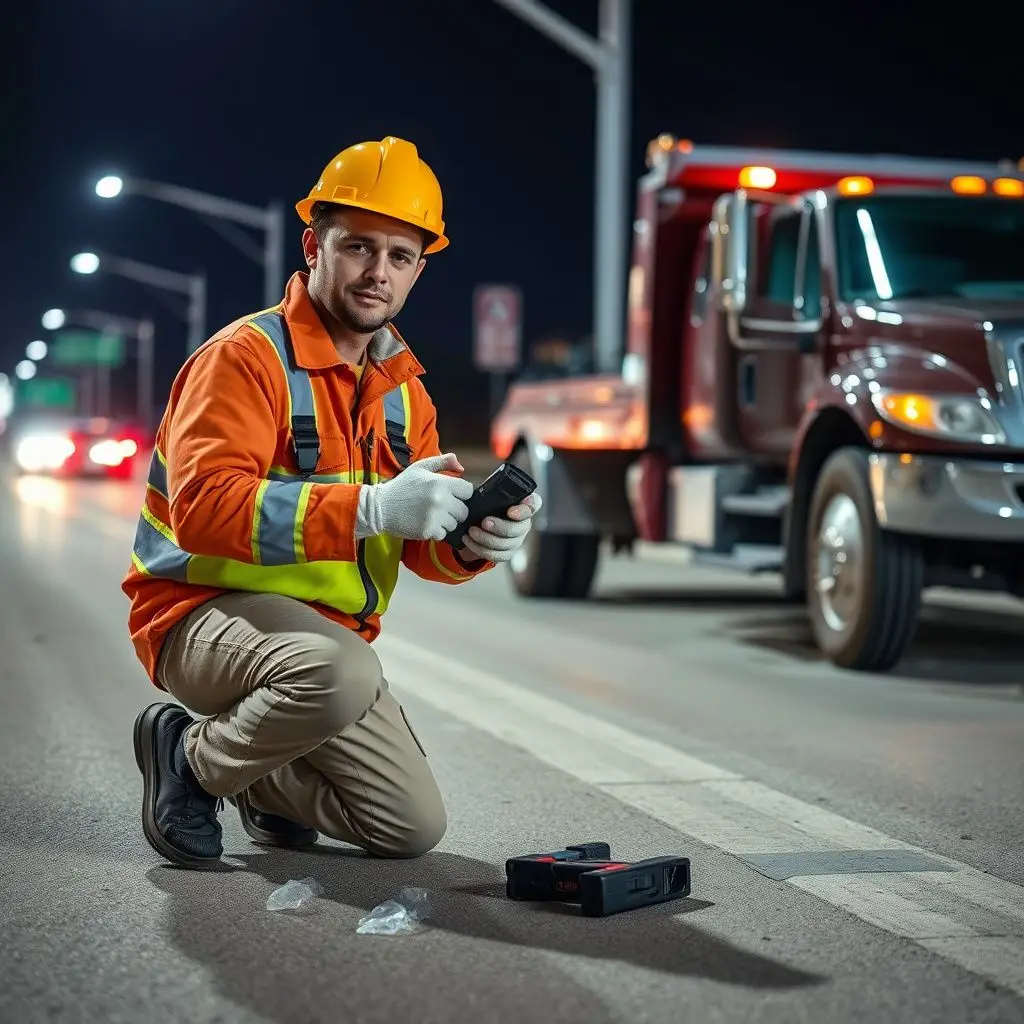 A professional tow truck operator in high-visibility safety gear preparing a flatbed tow truck in Keller, TX.