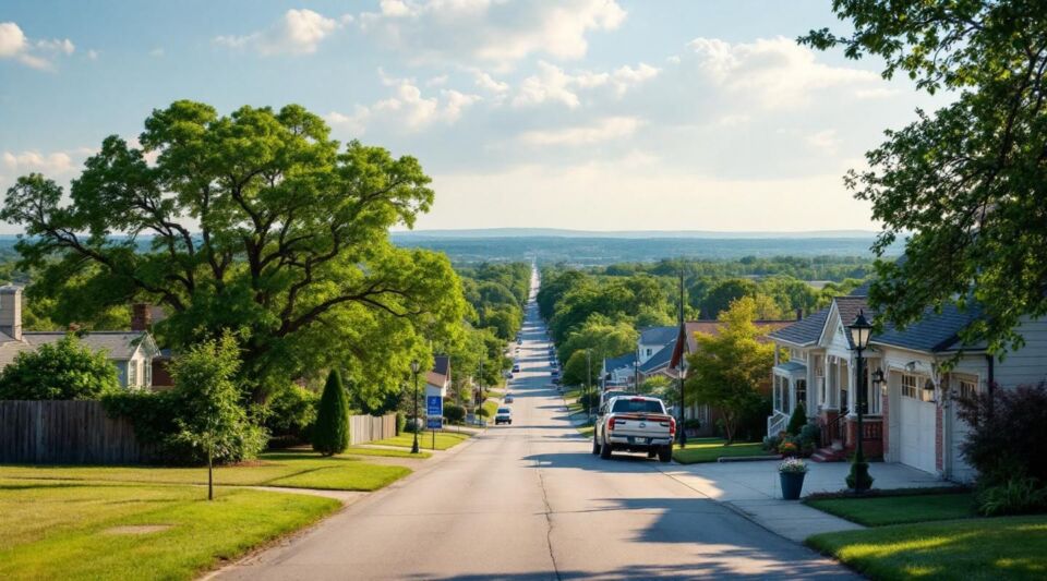 A flatbed tow truck parked safely along a residential street in Watauga, Texas during a clear North Texas afternoon.