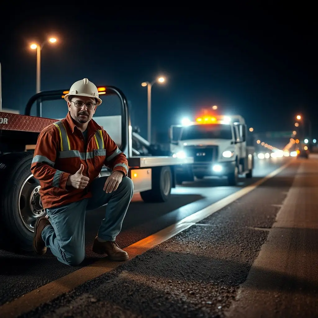 A professional tow truck operator wearing high-visibility safety gear standing next to a clean flatbed truck in Arlington, TX.